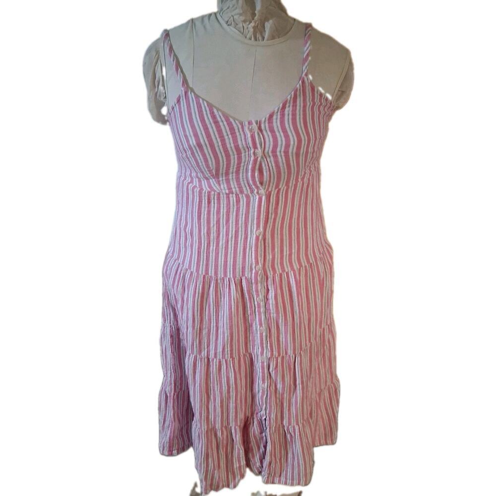 Women’s Universal Thread Sleeveless Button Up Cotton Dress Pink Stripe Sz. XS